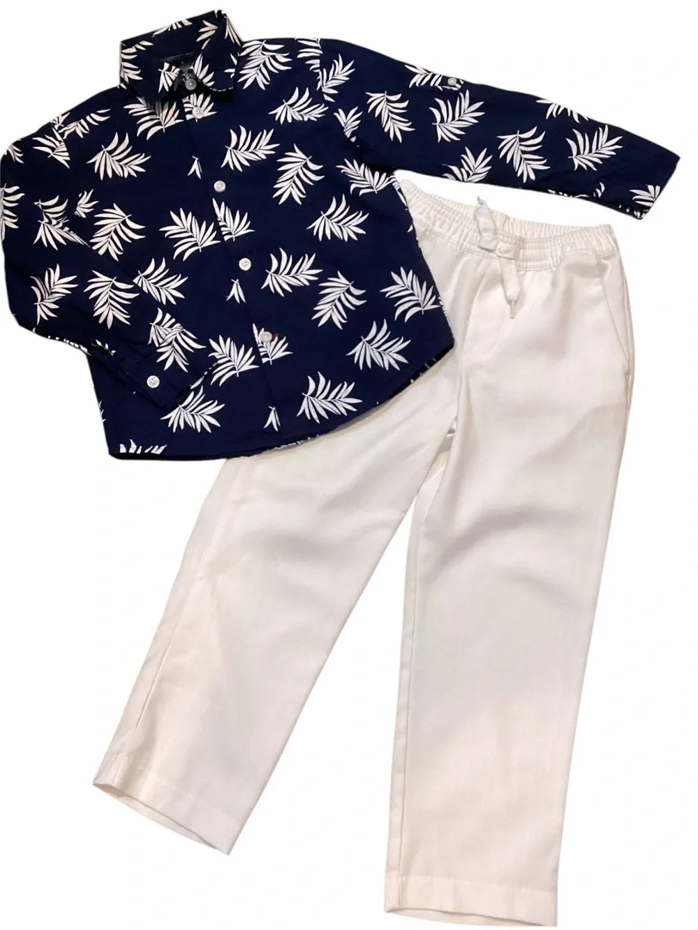 Tommy Hilfiger Boys Outfit Size 5 Palm Print Shirt White Pants Set Beach Wedding